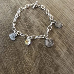 3 single fingerprint charm bracelet. Chunky chain with hoop & T-bar clasp and heart crystal