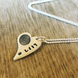 Medium long heart Fingerprint necklace with birthstone