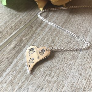 Large long heart 3 hand or footprint necklace