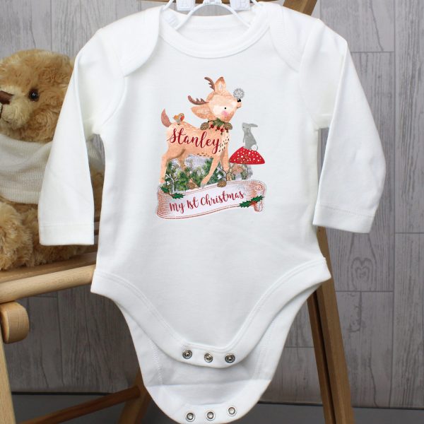 Personalised Festive Fawn 0-3 Months Long Sleeved Baby Vest
