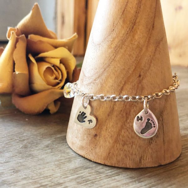 2 hand or footprint charms with small link bracelet & heart crystal