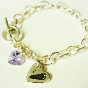 1 hand or footprint charm bracelet. Chunky chain with hoop & T-bar clasp and heart crystal