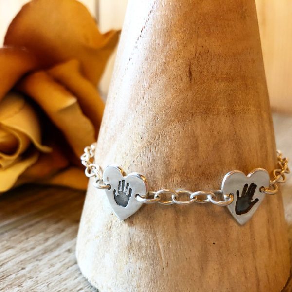 2 hand or footprint heart charm bracelet