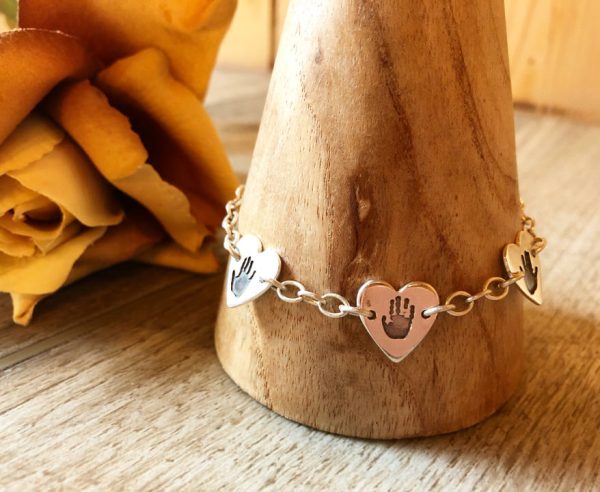 3 hand or footprint heart charm bracelet