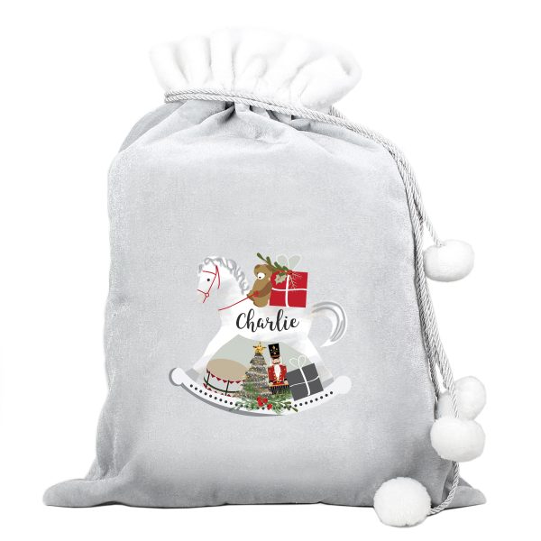 Personalised Rocking Horse Luxury Silver Grey Pom Pom Sack - Image 2