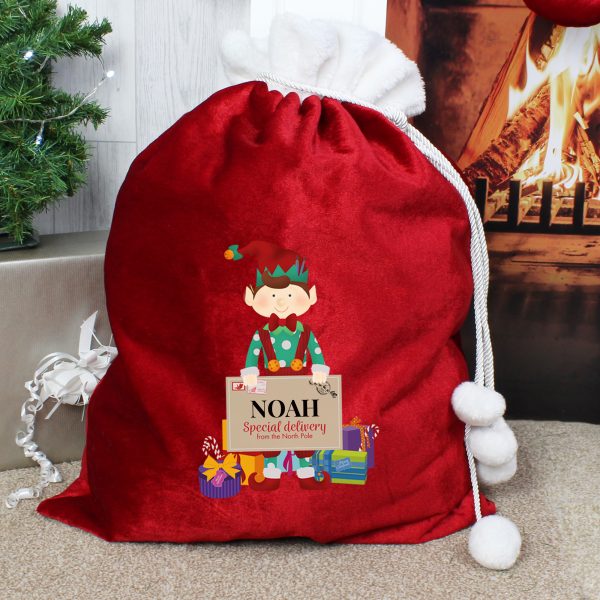 Personalised Christmas Elf Luxury Pom Pom Red Sack - Image 2